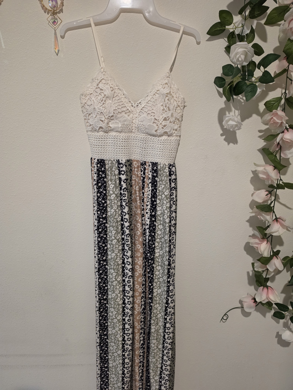 Women's Floral Stripe Maxi Dress in Cream, Tan & Black